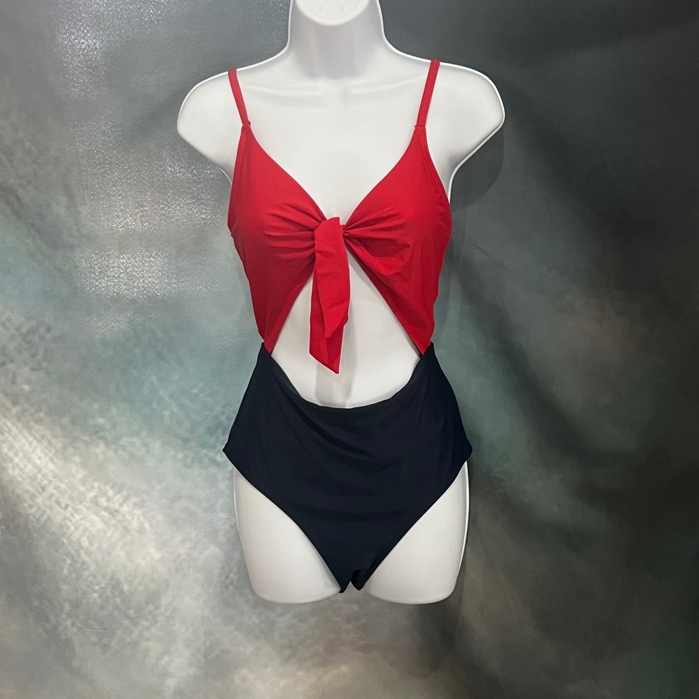Jack Wills Womens‎ Red Navy Colorblock Tie Front Cutout One Piece Swimsuit US 10